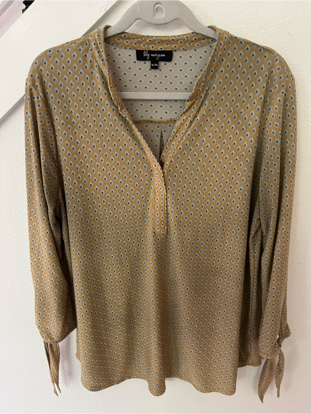 Lily Morgan Mustard Printed V-Neck Tie-Cuff Blouse